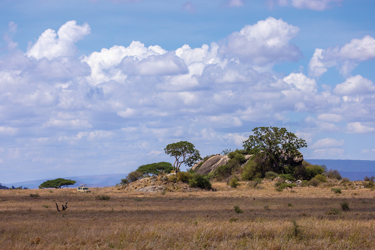 Safari vehicle driving through the Namiri Plains in Tanzania